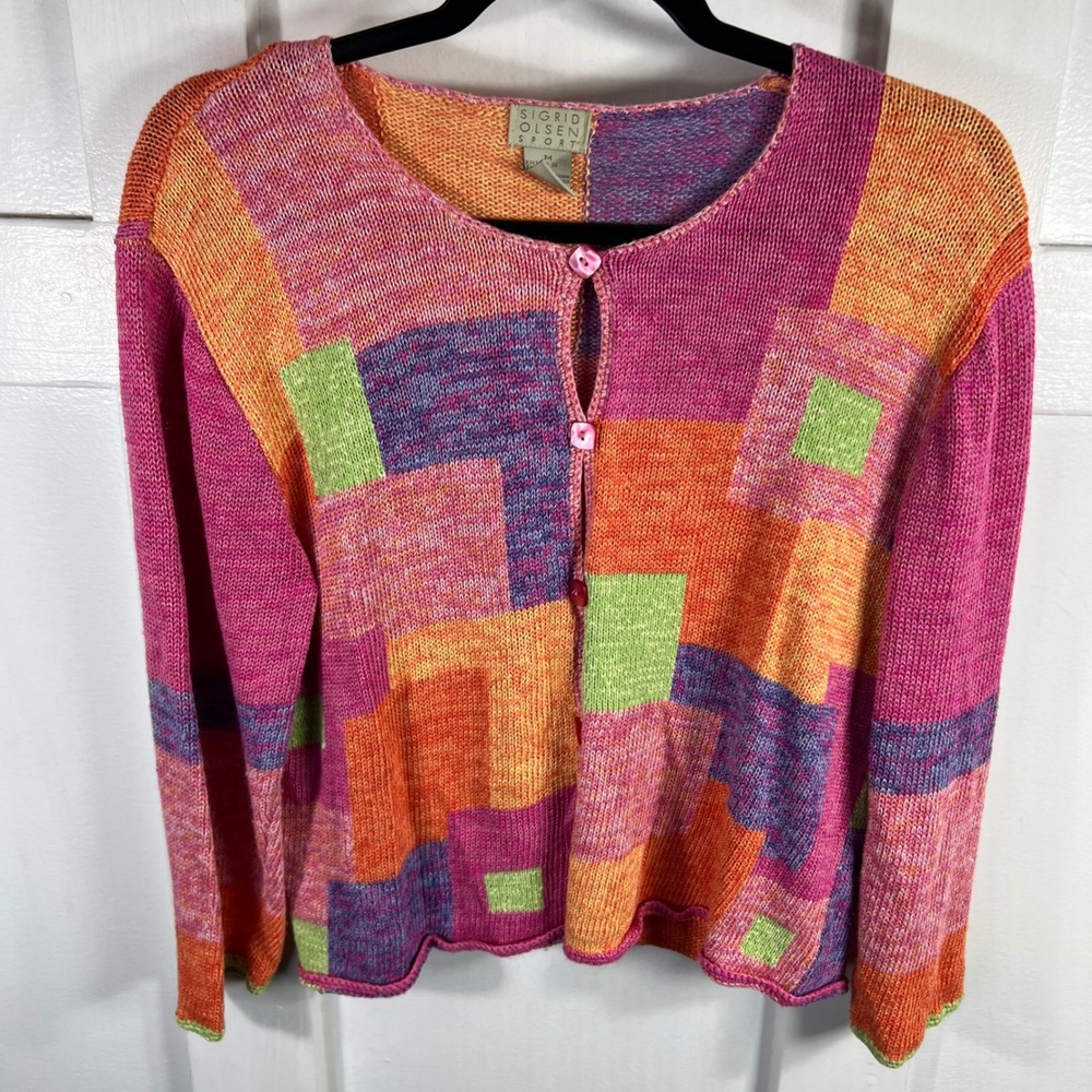 Sigrid Olsen Sport Womens M Multicolor Patchwork Linen Blend Cardigan Sweater